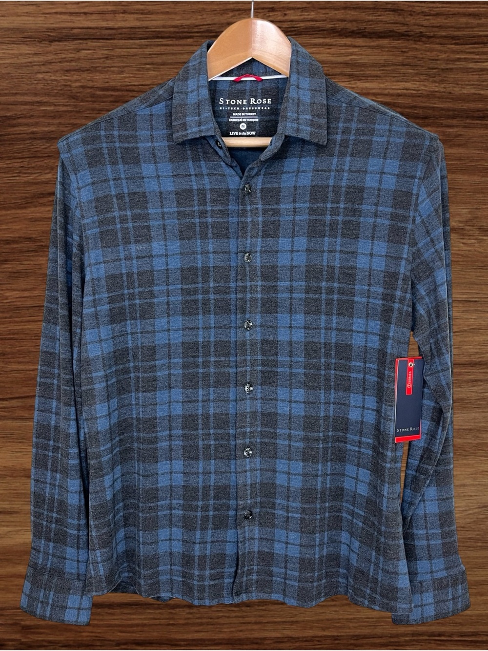 Stone Rose T Series Fleece Tech Navy Blue Plaid Button Up Shirt Medium